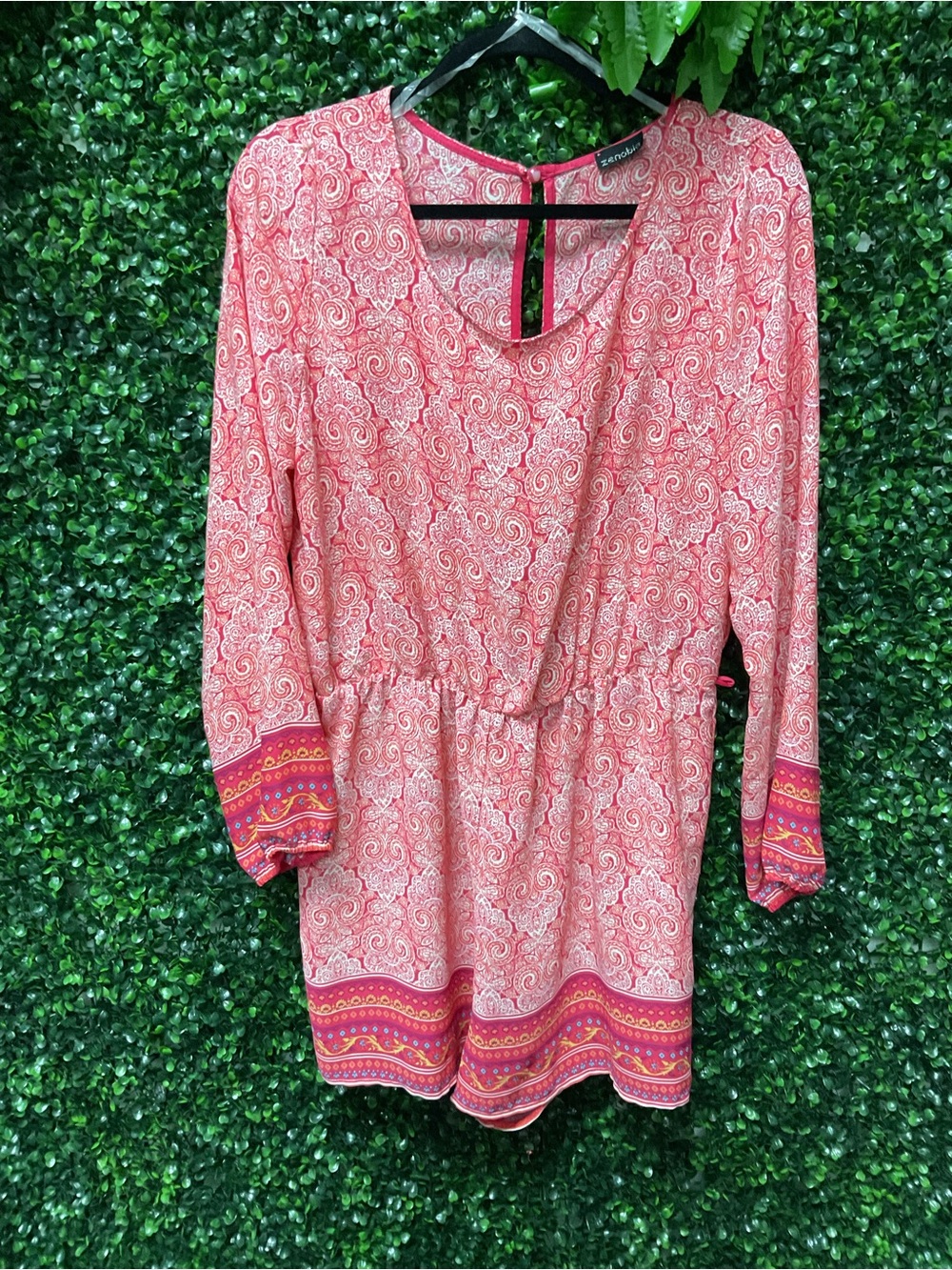 Women's Coral Paisley Long Sleeve Romper